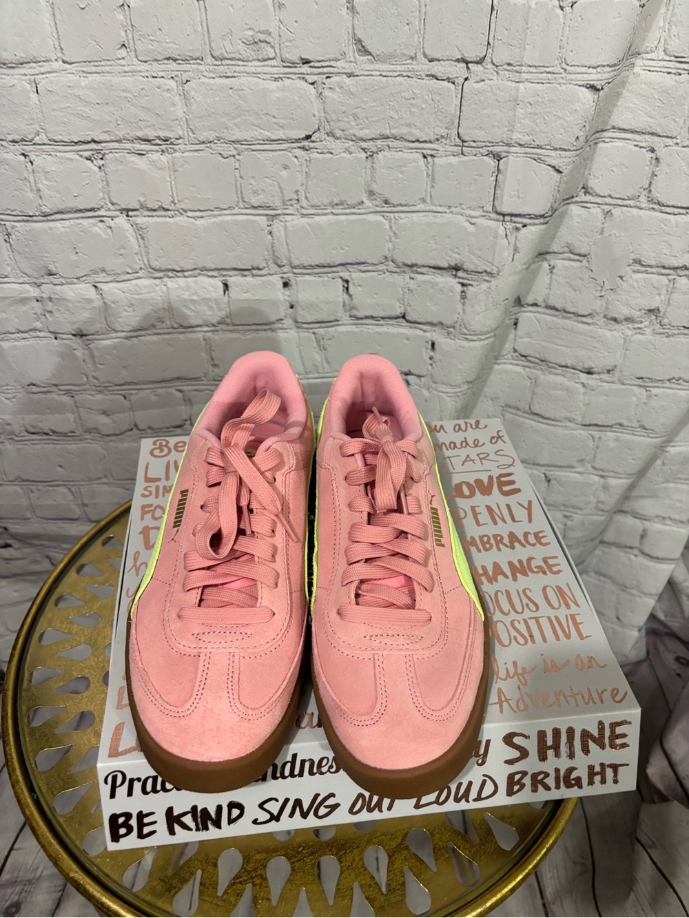 Women’s Pink Puma Suede Sneakers with Lime Accent